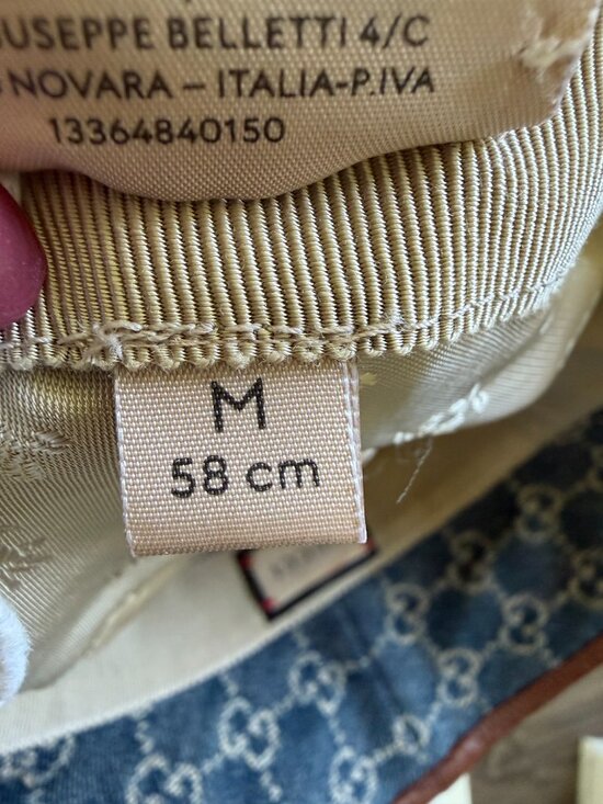 Gucci GG Monogram Blue Denim Bucket Hat — Brown Lambskin Leather Trim, Size M 58